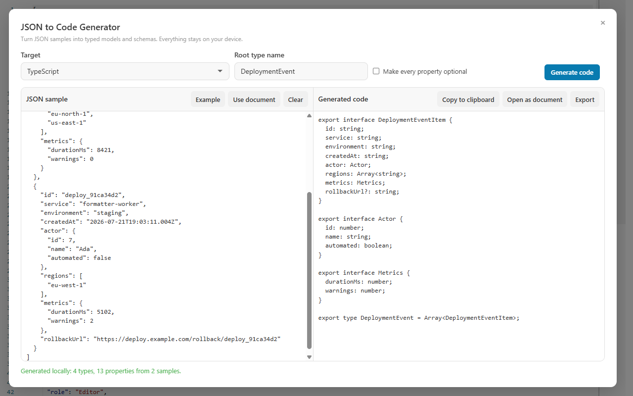 CodePrettify converting JSON to TypeScript interfaces beside the sample records that produced them