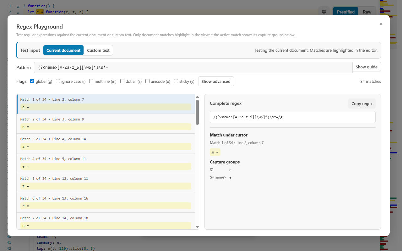 Regex Playground matching JavaScript assignments with named capture-group details