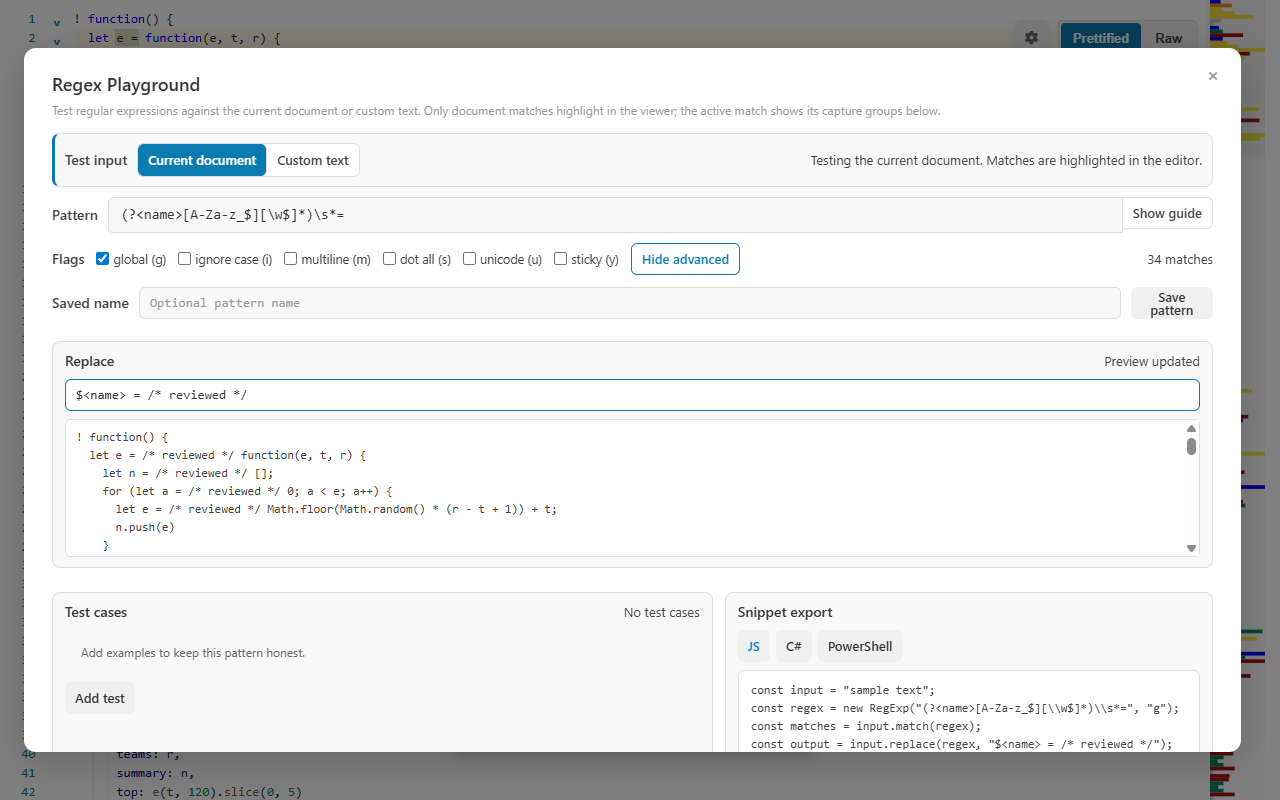 Regex Playground showing named-group replacement preview, test cases, and snippet export