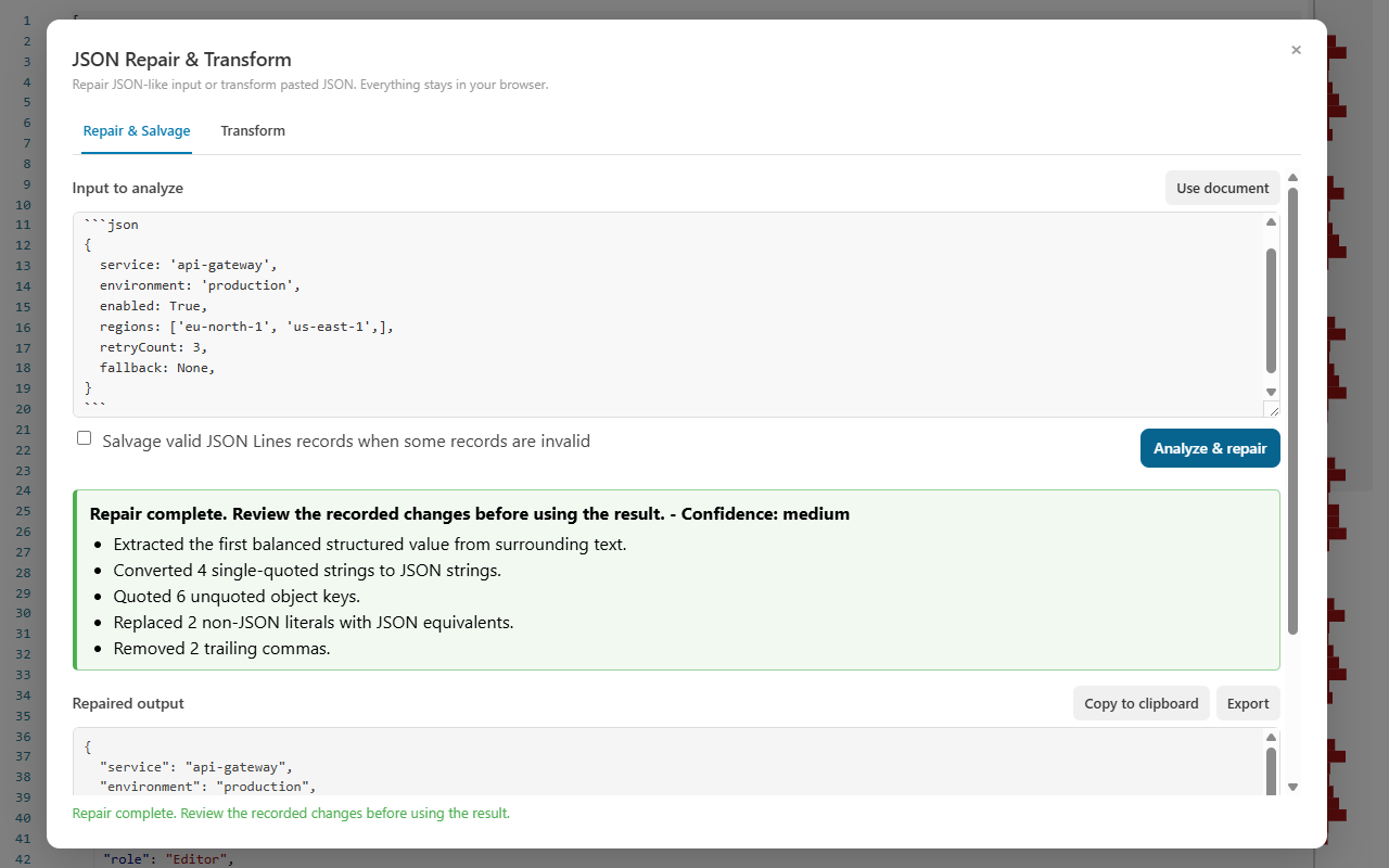 JSON Repair and Transform showing messy input, repaired JSON, and a detailed repair report