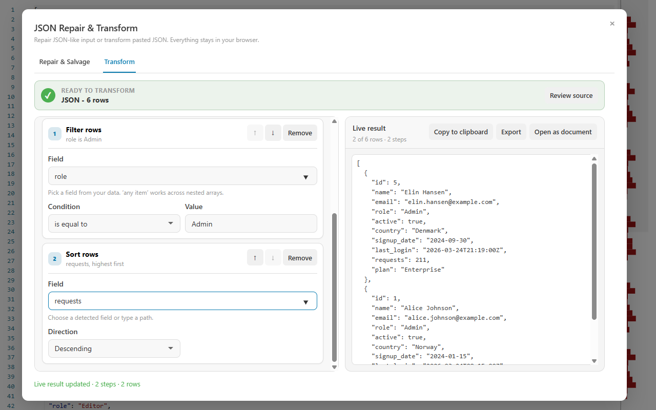 JSON transformation recipe filtering administrators and sorting them by request count