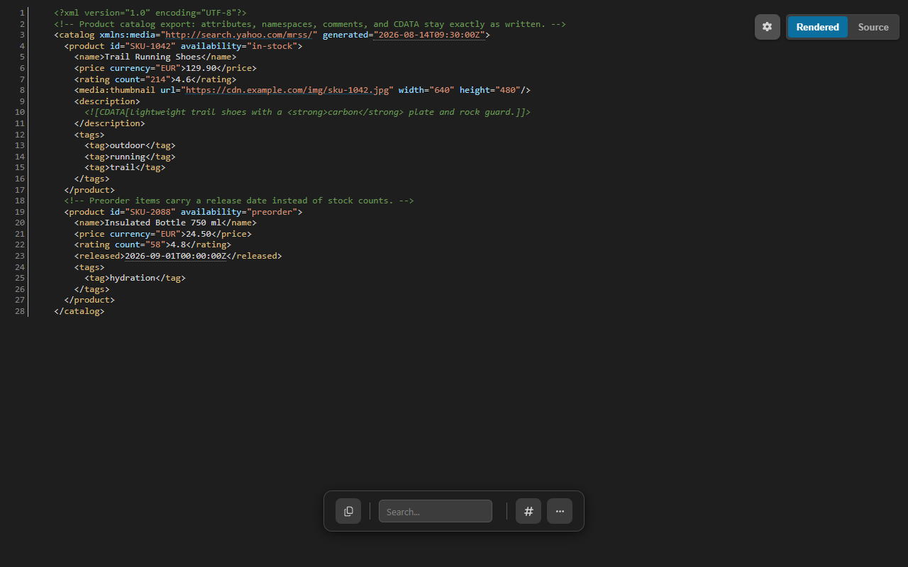 CodePrettify XML viewer in dark mode showing the same product catalog with strict parsing, folding, and line numbers