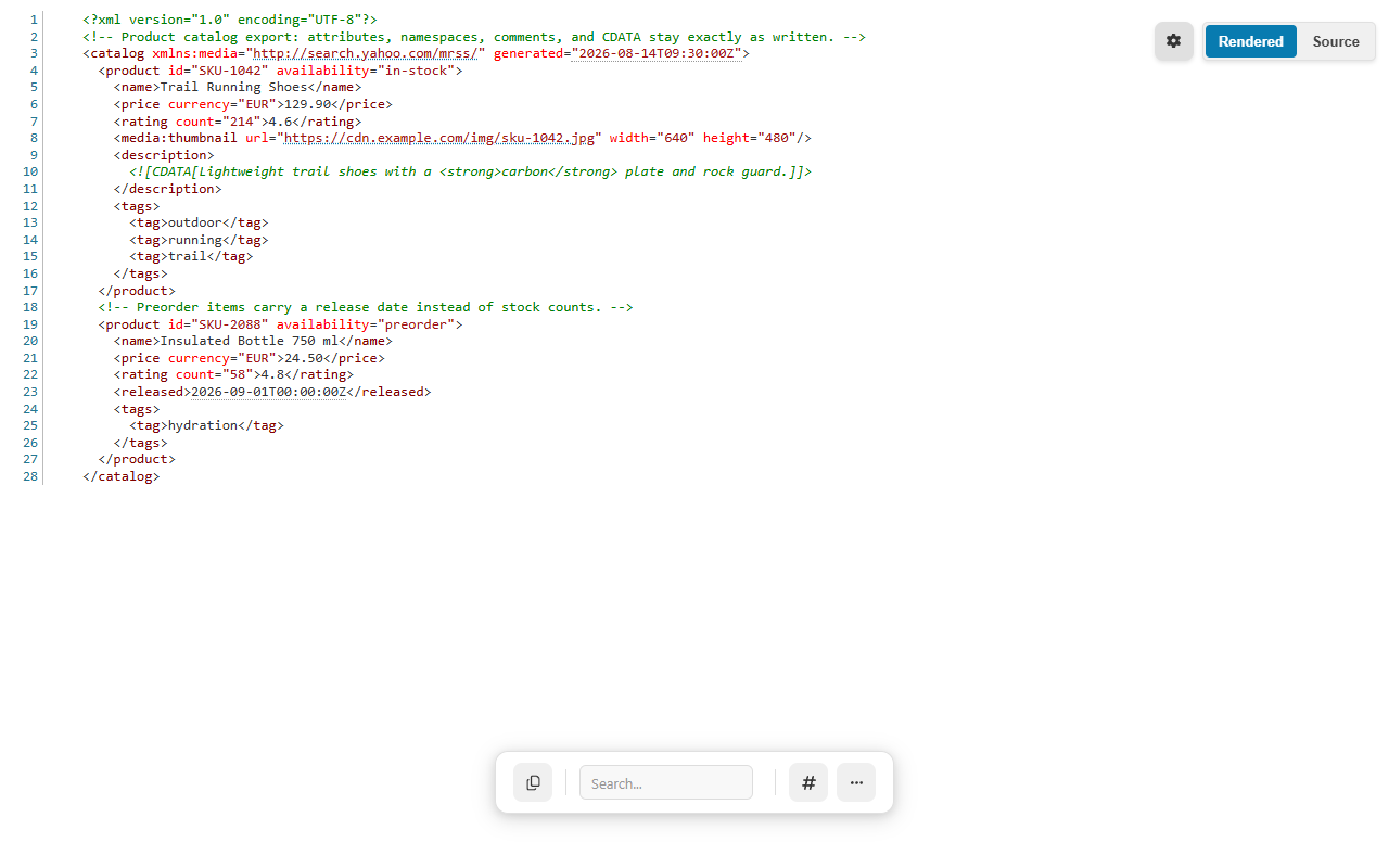 CodePrettify XML formatter viewing a product catalog with attributes, namespaces, comments, and CDATA kept exactly as written