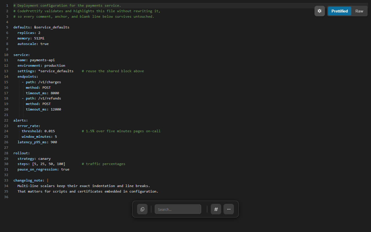CodePrettify YAML viewer in dark mode showing the same configuration with highlighting, folding, and line numbers
