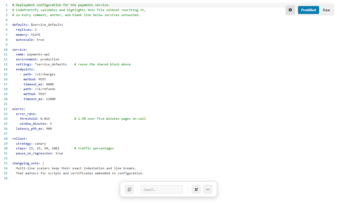 CodePrettify YAML formatter validating a deployment configuration with comments, anchors, and aliases left intact
